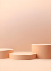 Minimalist Empty Round podium, platform, display in studio background. Tone on tone. PInk, beige, peach color. Trendy pink room for cosmetic products demonstration. Copy space for your design .