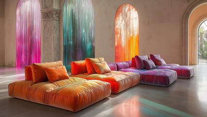 a cutting-edge modular sofa with a transparent and color-changing base, radiating neon hues of orange, blue, and purple, placed in a contemporary space with glowing ambient lighting, blending futurist