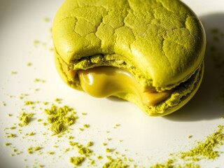 Close up of a bitten matcha macaron with caramel filling