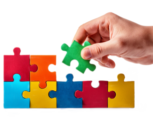 Assembling colorful puzzle pieces by hand isolated on transparent background