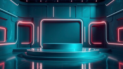 Round futuristic technology pedestal or podium. Colorful minimal concept design. Abstract modern art illustration for presentation product. 3d render display showcase. Trendy background template.
