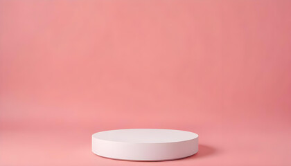 Minimalist Empty Round podium, platform, display in studio background. Tone on tone. PInk, beige, peach color. Trendy pink room for cosmetic products demonstration. Copy space for your design .
