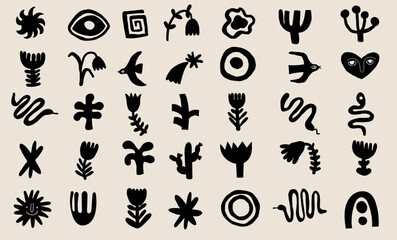 Hand drawn abstract heart, bird, snake figures scandinavian frame bird collection in retro vintage style. Lino cut figure shapes.