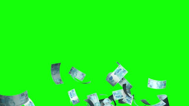 Kit explos&atilde;o e chuva de dinheiro notas R$ 100 Reais isolado em fundo verde e transpar&ecirc;ncia luma matte m&aacute;scara alpha channel v&iacute;deo vertical 4K 60fps