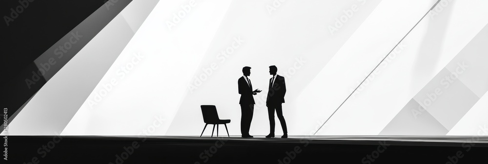 Poster two professionals engaged in negotiation under modern geometric design in a minimalistic setting. ge