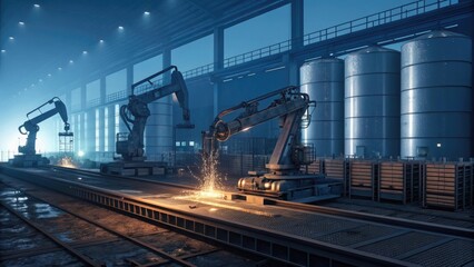 Advanced Automation Scene with Robotic Arms and Sparks in a Modern Industrial Warehouse