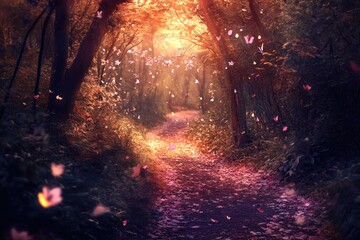 Magical forest path with butterflies and sunlight