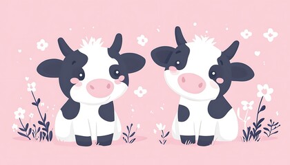 Obraz premium Cute cows, sitting, floral meadow, happy background