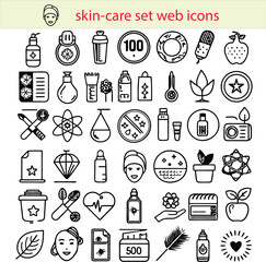 "Skin Care Editable Stroke Outline Set" web icons represent various skin care products and treatments, such as lotions, creams, facial masks, and serums, designed with editable stroke outlines. These 