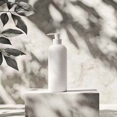 Elegant white lotion bottle displayed on minimalist stone base in serene natural light