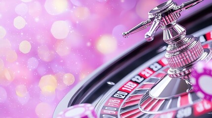 Obraz premium Roulette wheel, casino, close-up, pink bokeh background, gambling