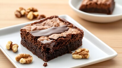 Perfect brownie with walnuts and chocolate pieces on the side, Generative AI