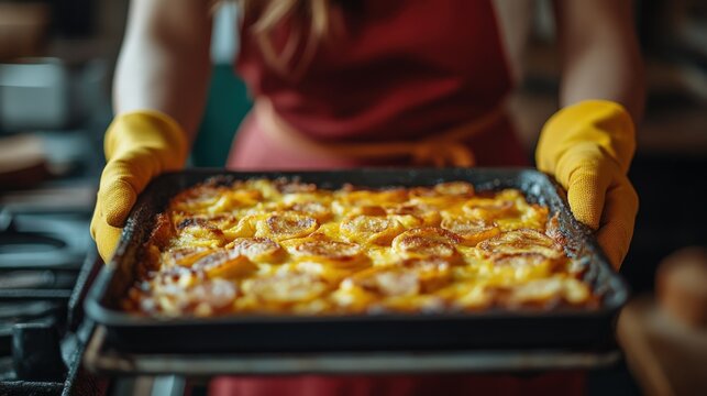 Young Spanish woman pulls golden tortilla espanola from oven in rustic kitchen