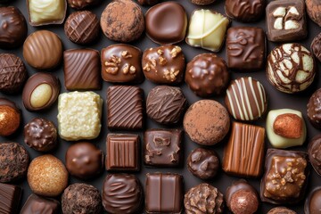 Assorted chocolates, many kinds, on dark background, showcasing variety
