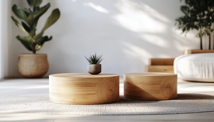 3D rendering of two wooden coffee tables on a carpet in a minimalistic interior design with plants and a white wall mock-up