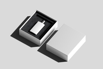 Blank perfume bottle in hard box for branding, 3d render illustration.