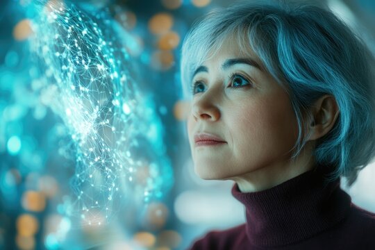 A woman gazes intently at a futuristic, glowing network visualization, contemplating data connections and technological advancements. - Powered by Adobe