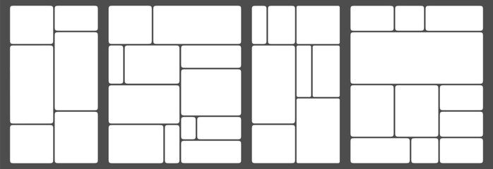 White grid template design, bento box photo frame collage layout. Light mood board mockup horizontal banner. Puzzle mosaic blocks for picture gallery page. Flat graph y2k dashboard presentation slide