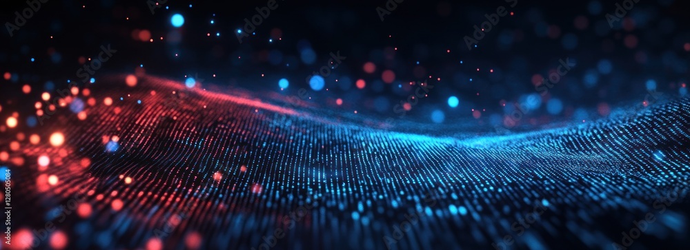 Poster abstract red and blue particle wave background.