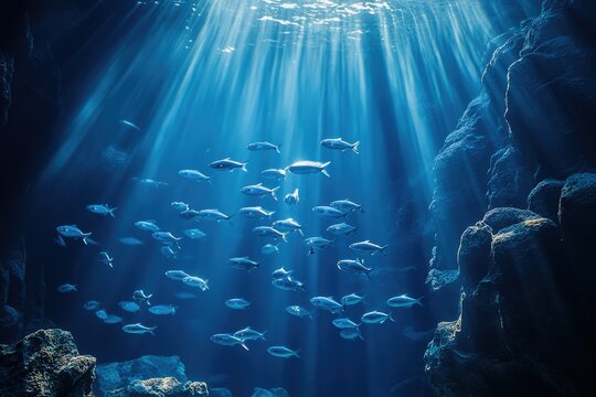 A school of fish swims in a deep blue underwater cave, sunbeams illuminating the scene.