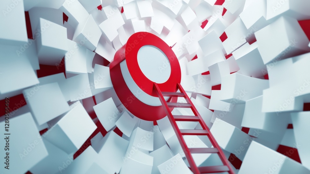 Poster abstract representation of a red circular object surrounded by white cubes and a ladder leading up