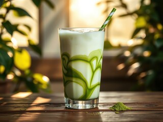 Matcha Latte Swirl in Glass on Wooden Table