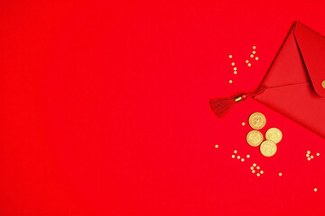 Red background gold confetti envelope gold coins