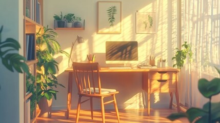 Fototapeta premium Bright and airy freelancer workspace with a cozy wooden desk
