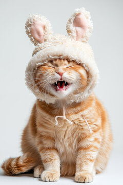 cute ginger cat in a white rabbit hat with ears closed his eyes and mumbles or screams sits on a light gray background