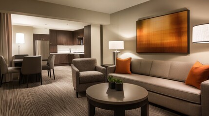 Bright and elegant hotel suite featuring a modern