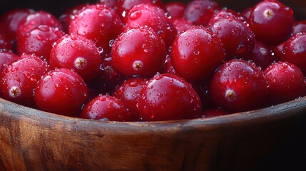 Fresh cranberries glistening with water droplets in a wooden bowl