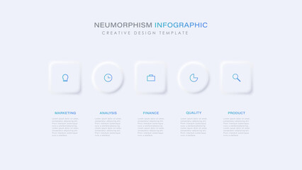 Light neumorphic horizontal progress diagram with 5 elements. Infographic design template