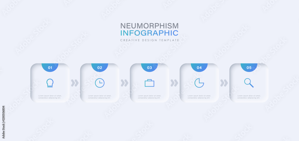 Poster five square elements with description. concept of 5 company services to choose from. modern neomorph