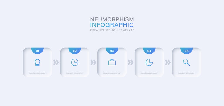 Five square elements with description. Concept of 5 company services to choose from. Modern neomorphic infographic design template.