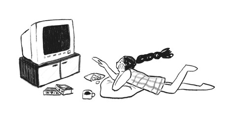 A woman is lying on the floor and watching crt tv, vintage line drawing or engraving illustration