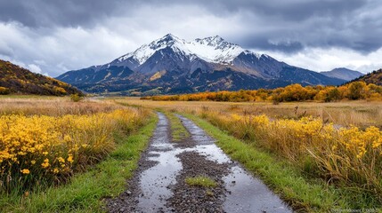 Autumnal mountain valley road, scenic landscape, cloudy sky, fall foliage, nature photography