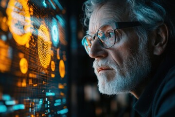 An elderly man with glasses intently studies a complex, data-rich display filled with glowing orange and blue graphics.