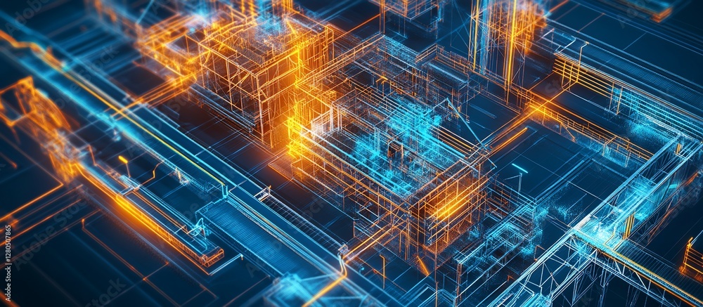 Aufkleber abstract digital city model with glowing lines and structures.