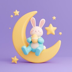 Easter bunny and hope concept. Cute bunny figurine holding easter egg while sitting on a crescent moon with stars.
