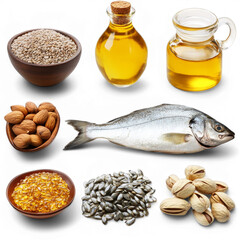 Obraz premium Healthy foods rich in omega-3: fish, nuts, seeds, and oils displayed