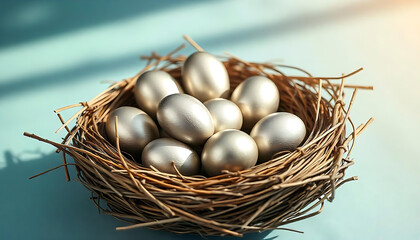Obraz premium A nest filled with shiny, silver eggs rests on a soft blue background, creating a serene and modern visual., created with generative ai