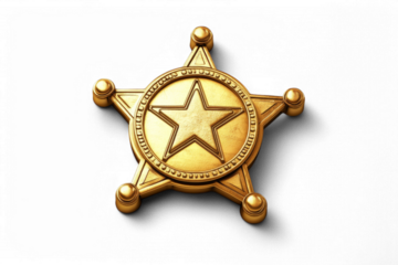 Golden sheriff badge with star emblem on transparent background