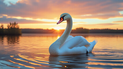 Fototapeta premium A serene and majestic swan, its snow-white feathers glistening with subtle shades of cream, stands poised on the tranquil surface of a lake at sunset, created by generative ai