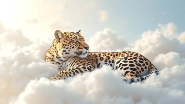 Resting Jaguar Lying Calmly on Cloudscape Dreamy Fantasy Background