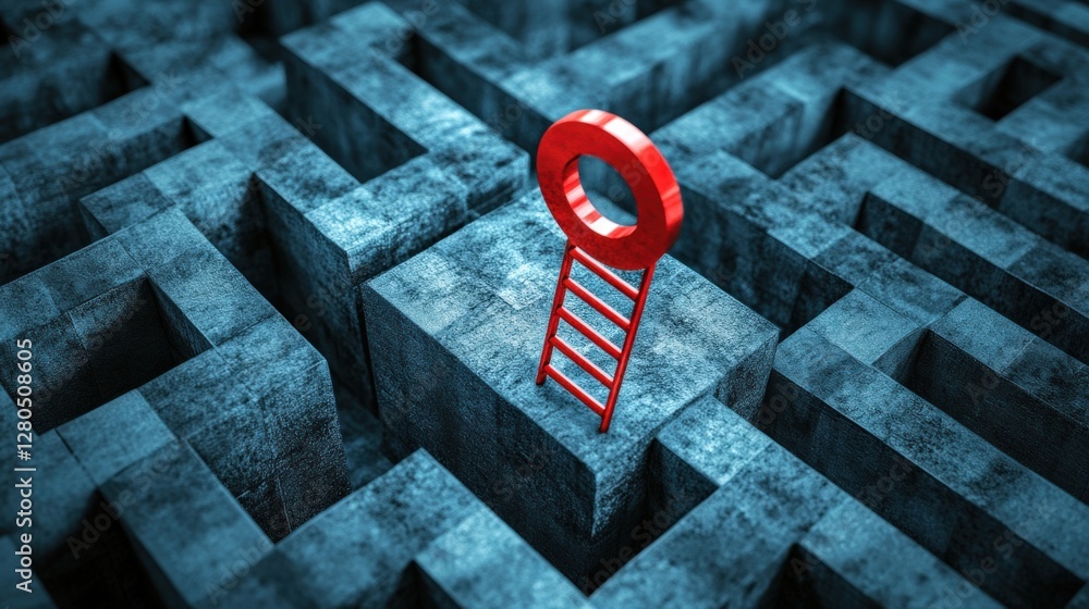 Poster a striking red ladder leads to a keyhole in a complex blue maze, symbolizing problem-solving