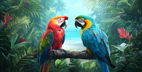 Two vibrant macaws stand on a branch, surrounded by lush tropical foliage. The serene ocean can be seen in the background, creating a perfect vacation atmosphere.