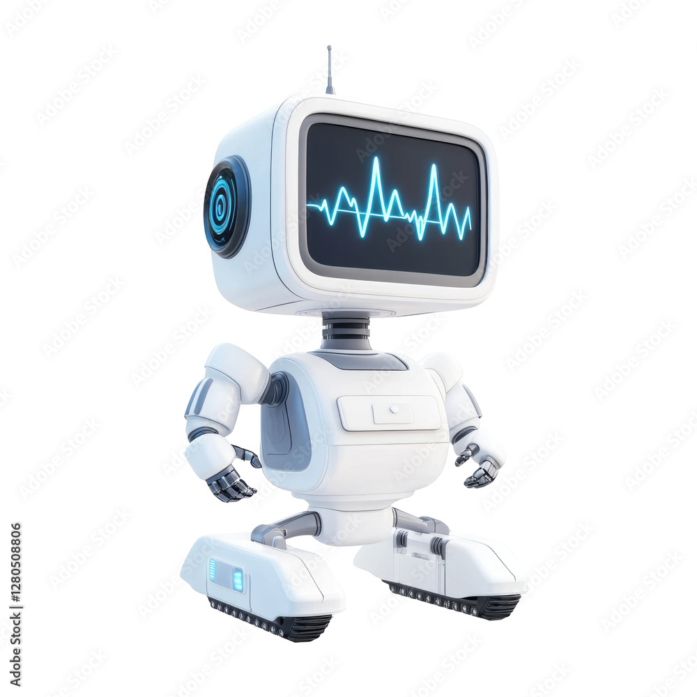Poster cute white robot with blue screen displaying a soundwave pattern