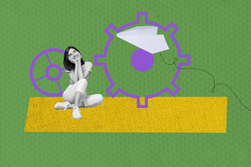 Composite artwork 3d image collage of dreamy businesswoman look paper plane cogwheel settings...