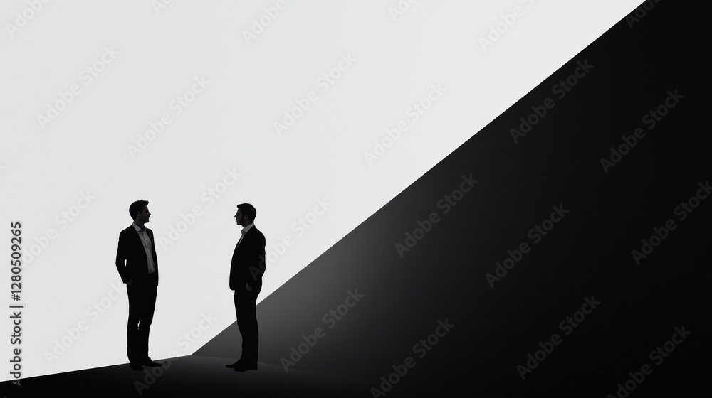 Poster two silhouetted figures engaged in negotiation against a striking background at an abstract location