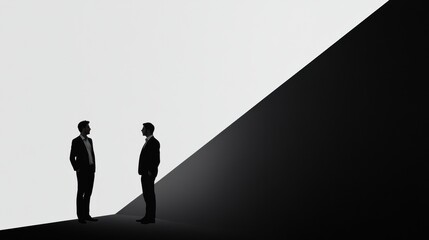 Obraz premium Two silhouetted figures engaged in negotiation against a striking background at an abstract location. Generative AI